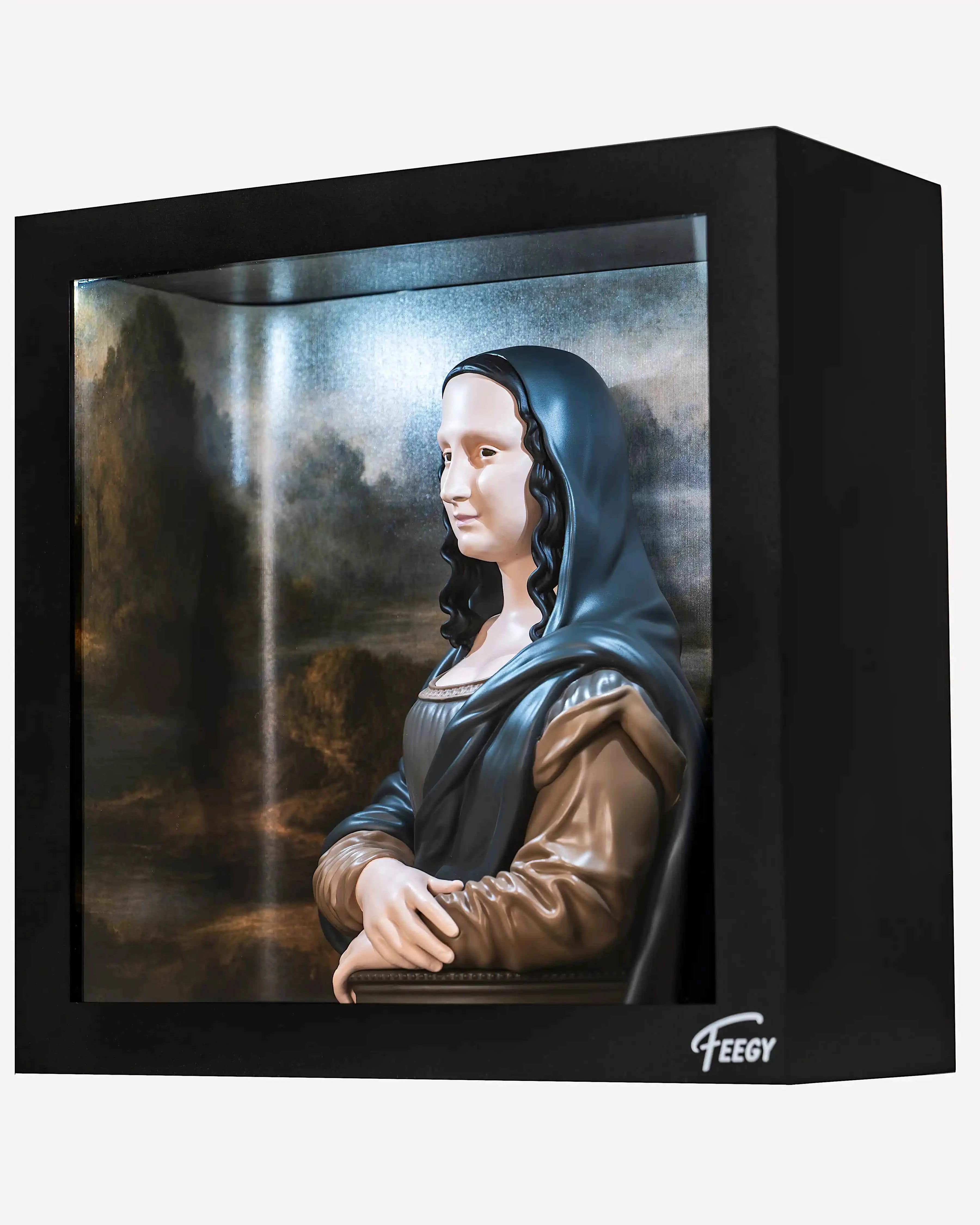 Figurine Mona Lisa allumée dans un intérieur, objet de décoration